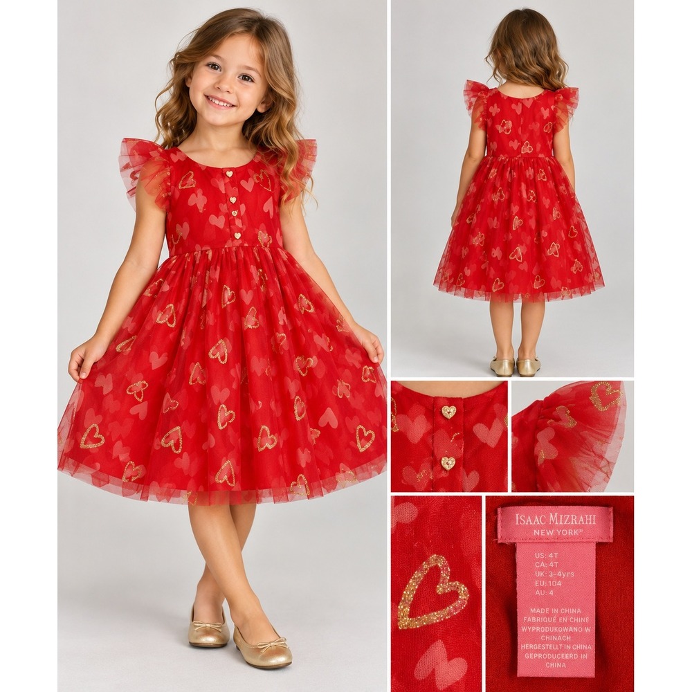 Isaac Mizrahi Tulle Dress Toddler 4T Red Coquette Romantic Glitter Heart Party